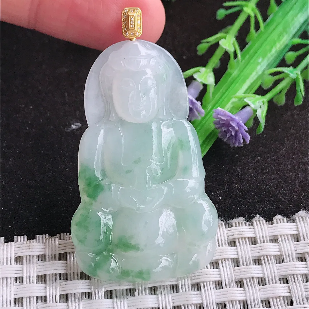 自然光45.2/28/4.3老坑18k金镶嵌冰润飘花观音菩萨挂件翡翠玉坠吊坠百搭