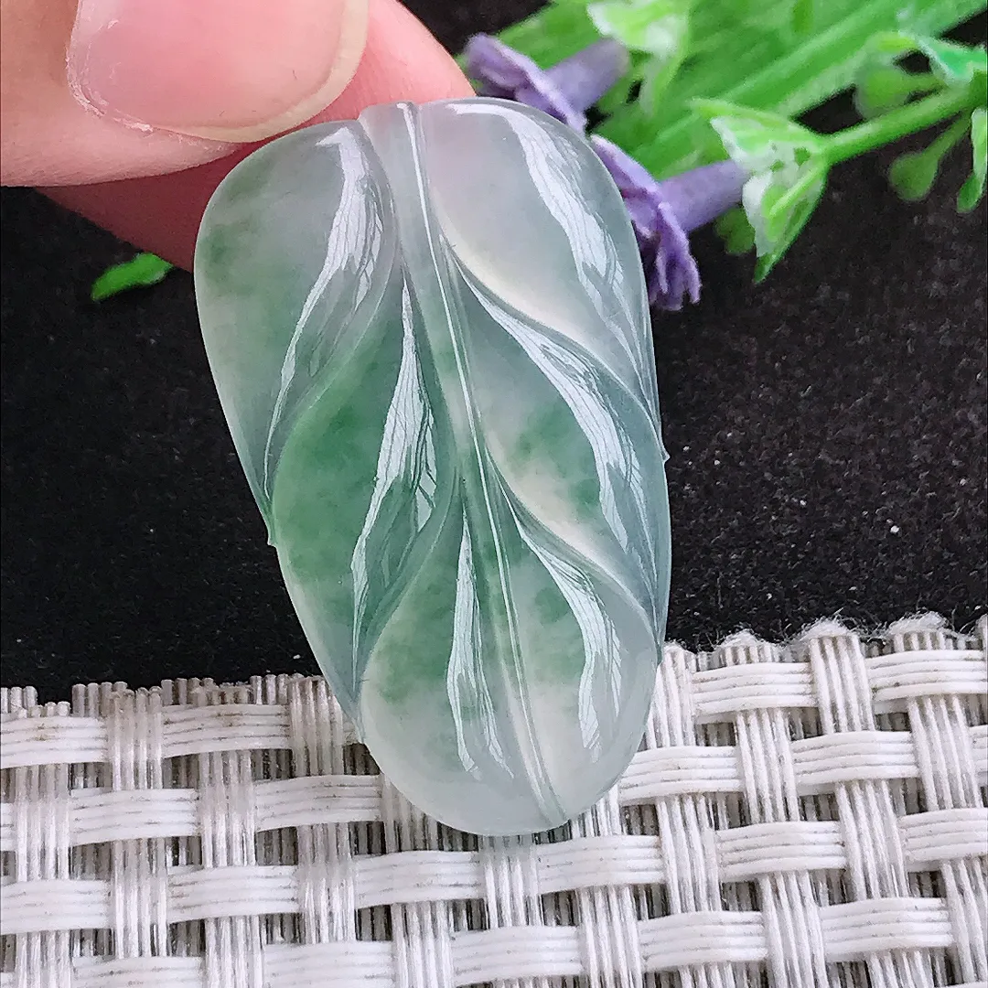 自然光33.6/20.3/3.9老坑冰种果冻胶飘花叶子挂件翡翠玉坠吊坠百搭