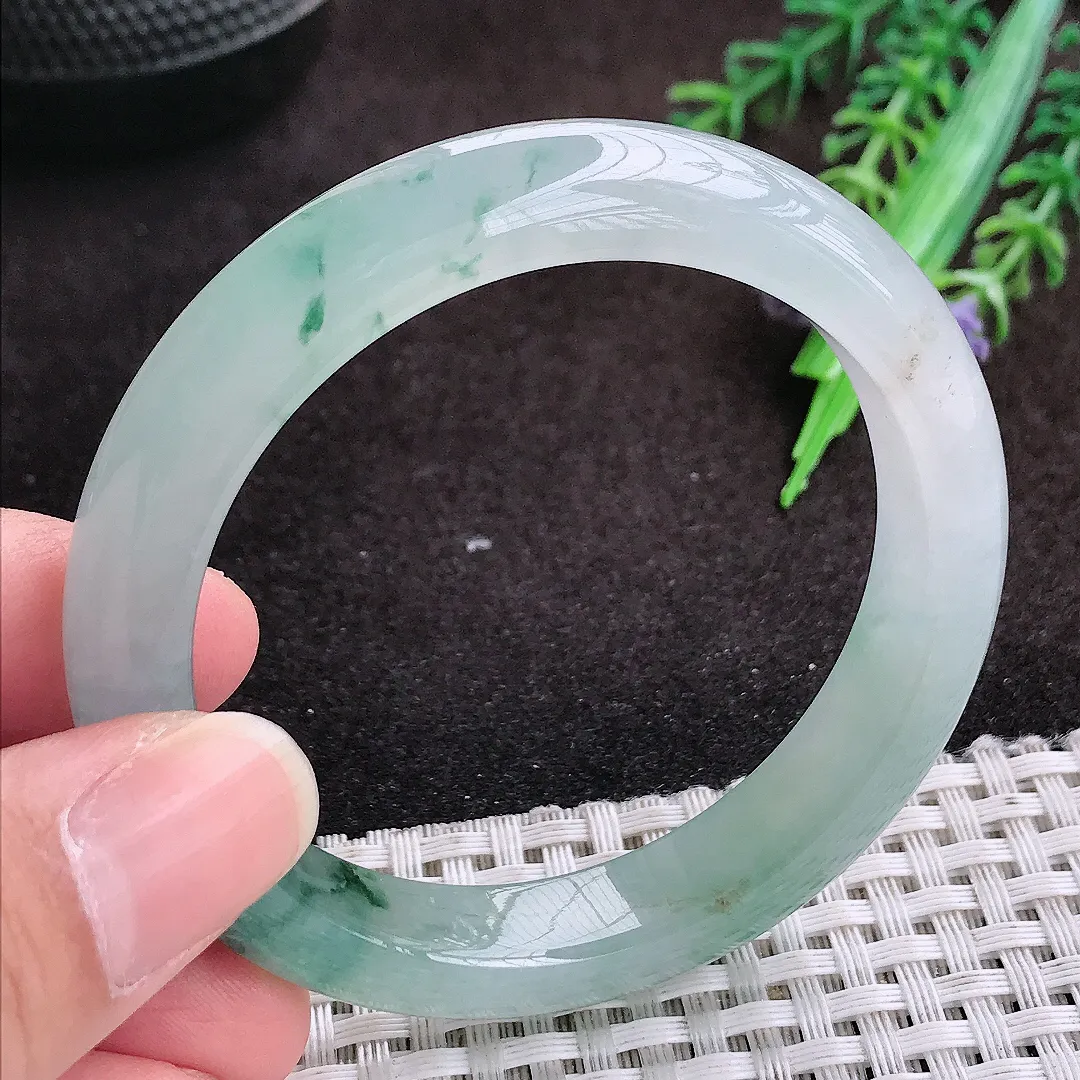自然光52.5/10.8/8老坑冰胶果冻冰飘花手镯宽边翡翠玉镯手环