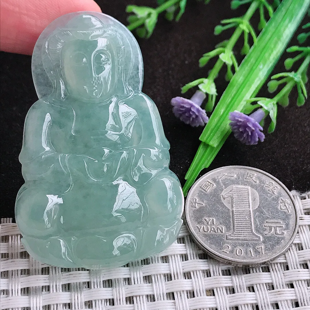 自然光53.8/35/6.2老坑冰胶冰晴天空蓝观音菩萨挂件翡翠玉坠吊坠百搭