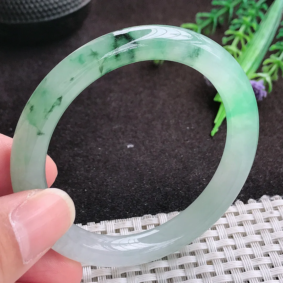 自然光52.5/8.8/8.5老坑冰胶果冻飘花圆条手镯翡翠玉镯手环