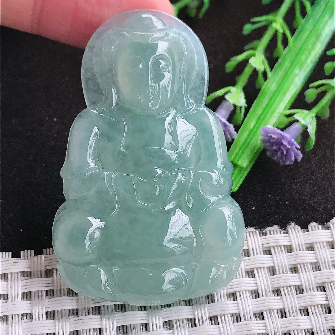 自然光53.8/35/6.2老坑冰胶冰晴天空蓝观音菩萨挂件翡翠玉坠吊坠百搭