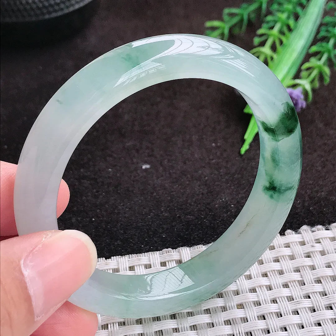 自然光52.5/10.8/8老坑冰胶果冻冰飘花手镯宽边翡翠玉镯手环