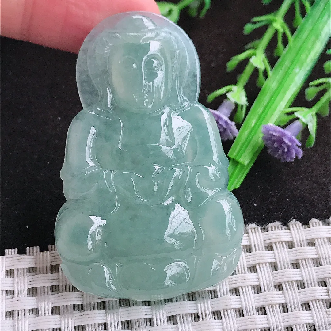自然光53.8/35/6.2老坑冰胶冰晴天空蓝观音菩萨挂件翡翠玉坠吊坠百搭