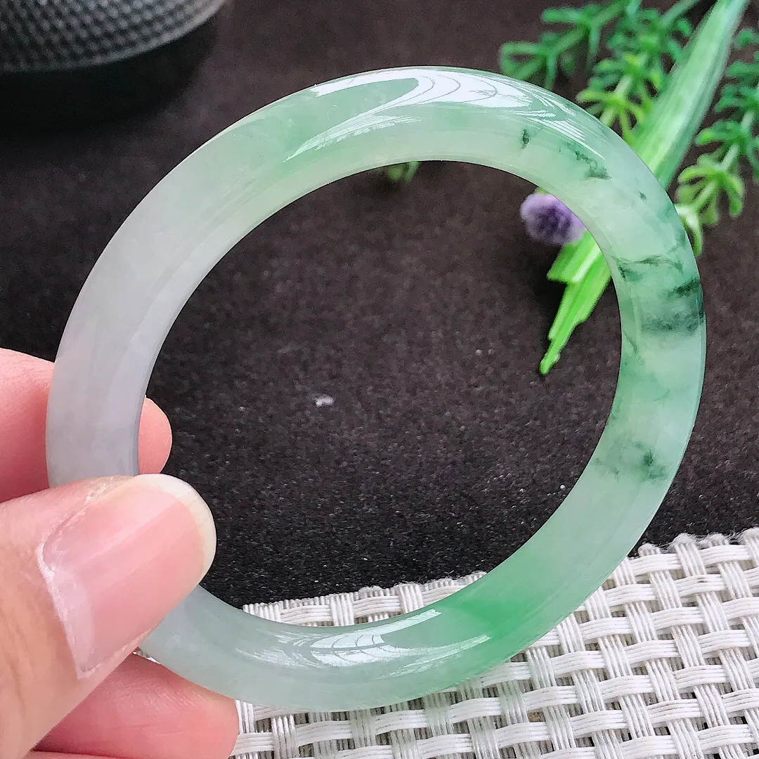 自然光52.5/8.8/8.5老坑冰胶果冻飘花圆条手镯翡翠玉镯手环