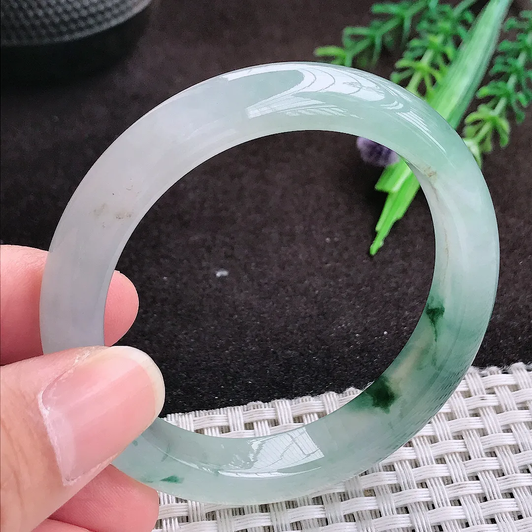 自然光52.5/10.8/8老坑冰胶果冻冰飘花手镯宽边翡翠玉镯手环
