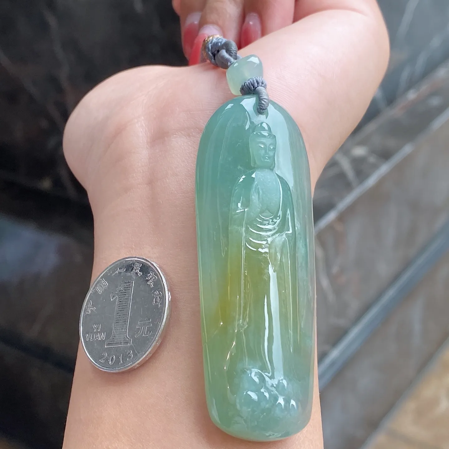 冰糯种双彩释迦摩尼吊坠 尺寸72.3-25.2-11.8毫米