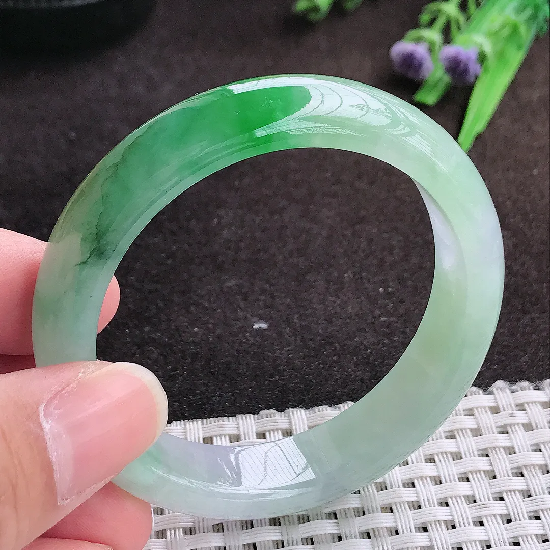 自然光50.5/13/7.4老坑冰胶果冻飘阳绿小圈口手镯宽边翡翠玉镯手环