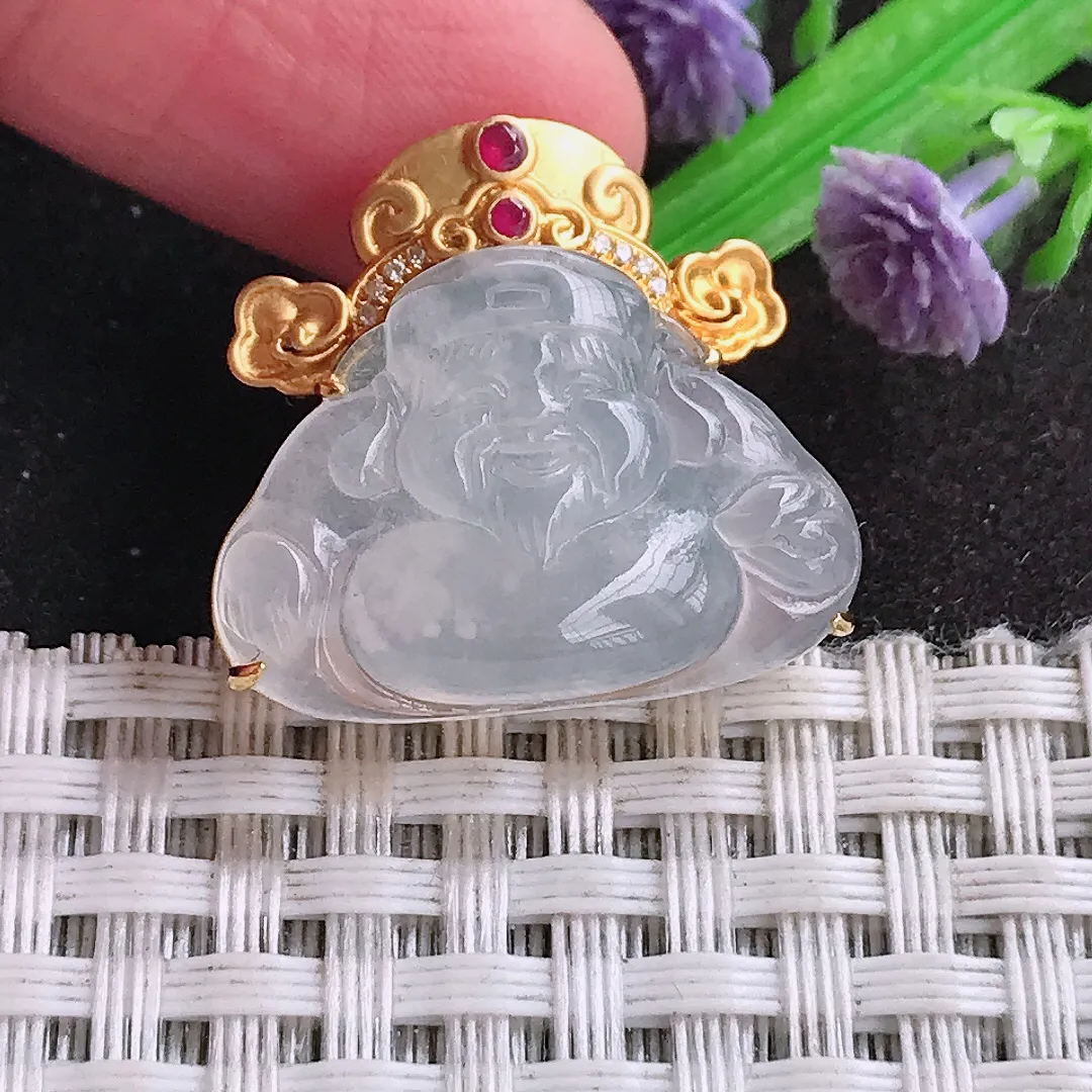 自然光22.2/24.3/8.6老坑18k金镶嵌冰种雪花棉财神爷挂件翡翠玉坠吊坠百搭