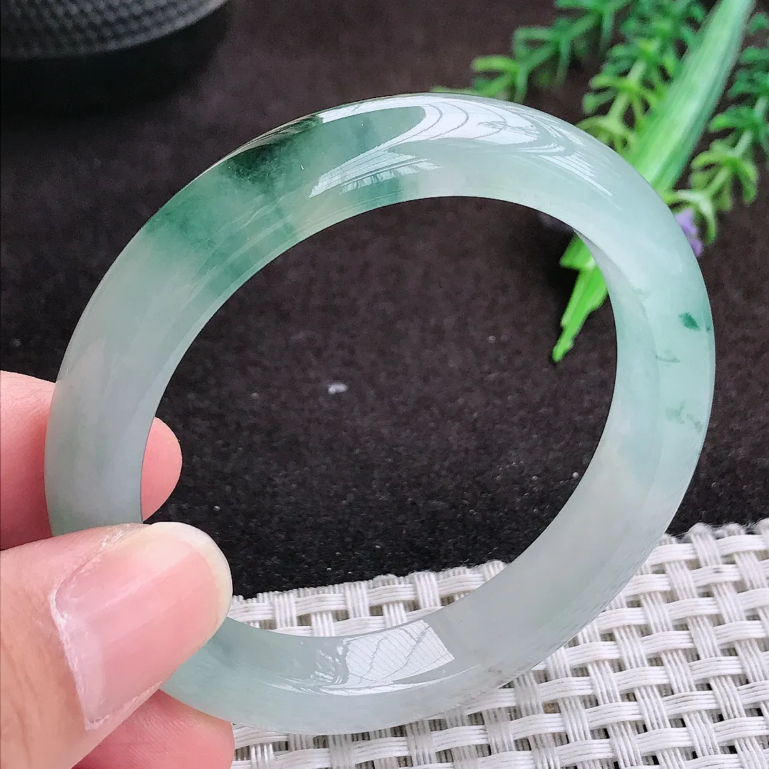自然光52.5/10.8/8老坑冰胶果冻冰飘花手镯宽边翡翠玉镯手环