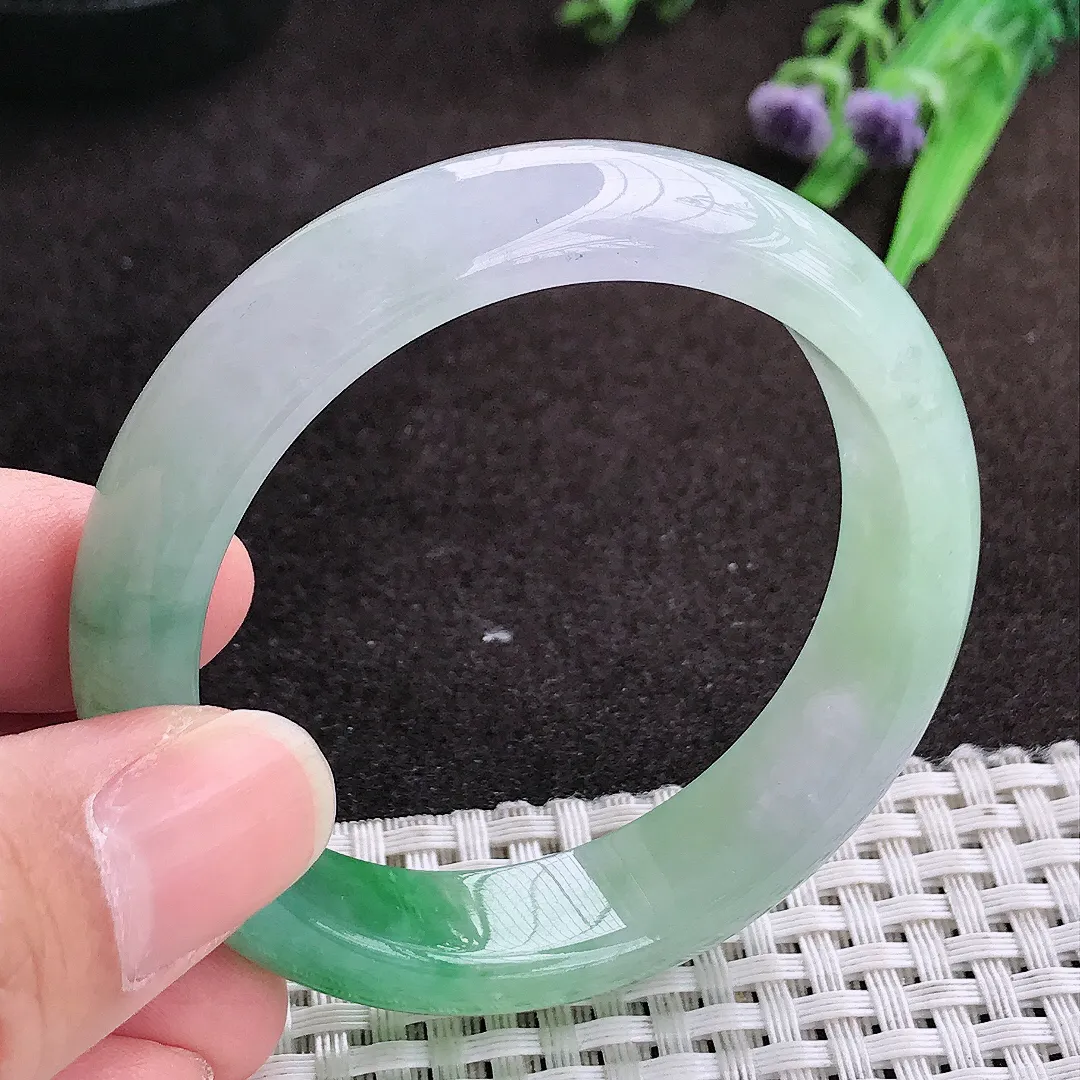 自然光50.5/13/7.4老坑冰胶果冻飘阳绿小圈口手镯宽边翡翠玉镯手环