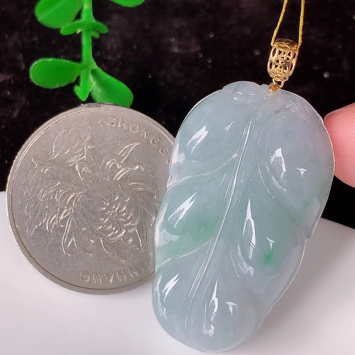 18K金镶嵌冰润春带彩翡翠叶子吊坠，玉质细腻，时‮大尚‬方，款式经典，佩戴优雅高贵上档次！#35.24
