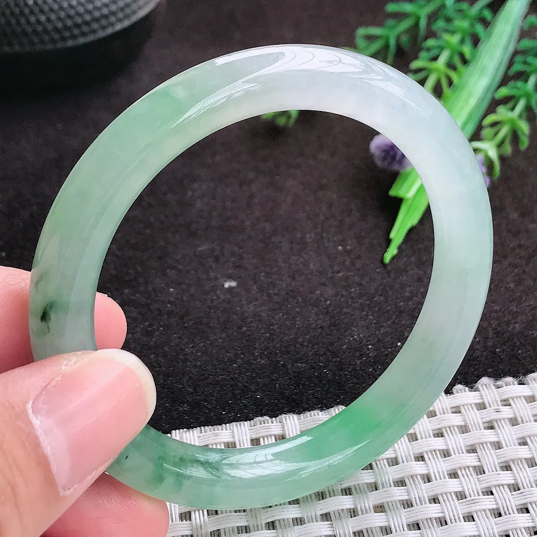 自然光52.5/8.8/8.5老坑冰胶果冻飘花圆条手镯翡翠玉镯手环