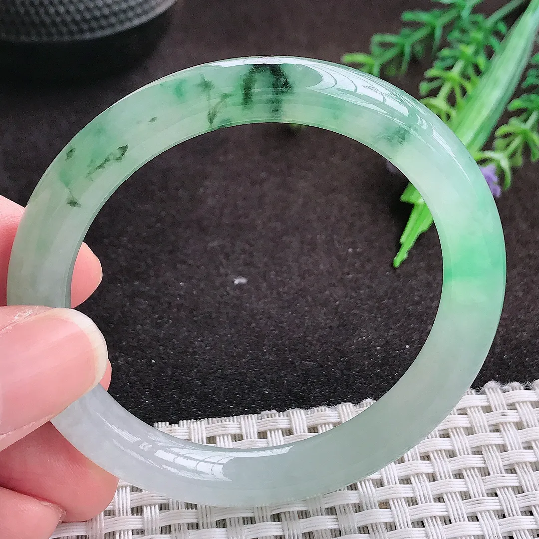 自然光52.5/8.8/8.5老坑冰胶果冻飘花圆条手镯翡翠玉镯手环