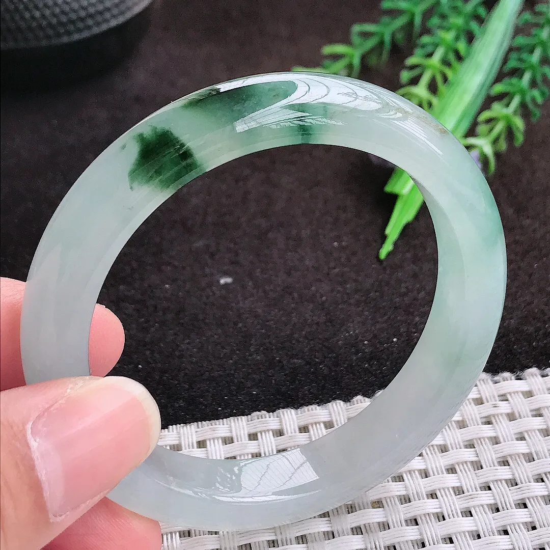 自然光52.5/10.8/8老坑冰胶果冻冰飘花手镯宽边翡翠玉镯手环