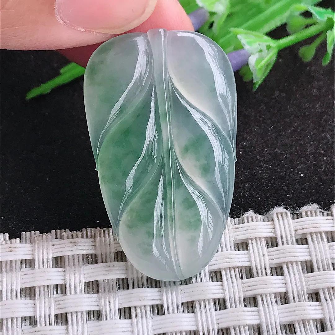 自然光33.6/20.3/3.9老坑冰种果冻胶飘花叶子挂件翡翠玉坠吊坠百搭