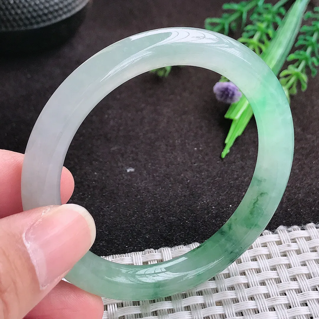 自然光52.5/8.8/8.5老坑冰胶果冻飘花圆条手镯翡翠玉镯手环