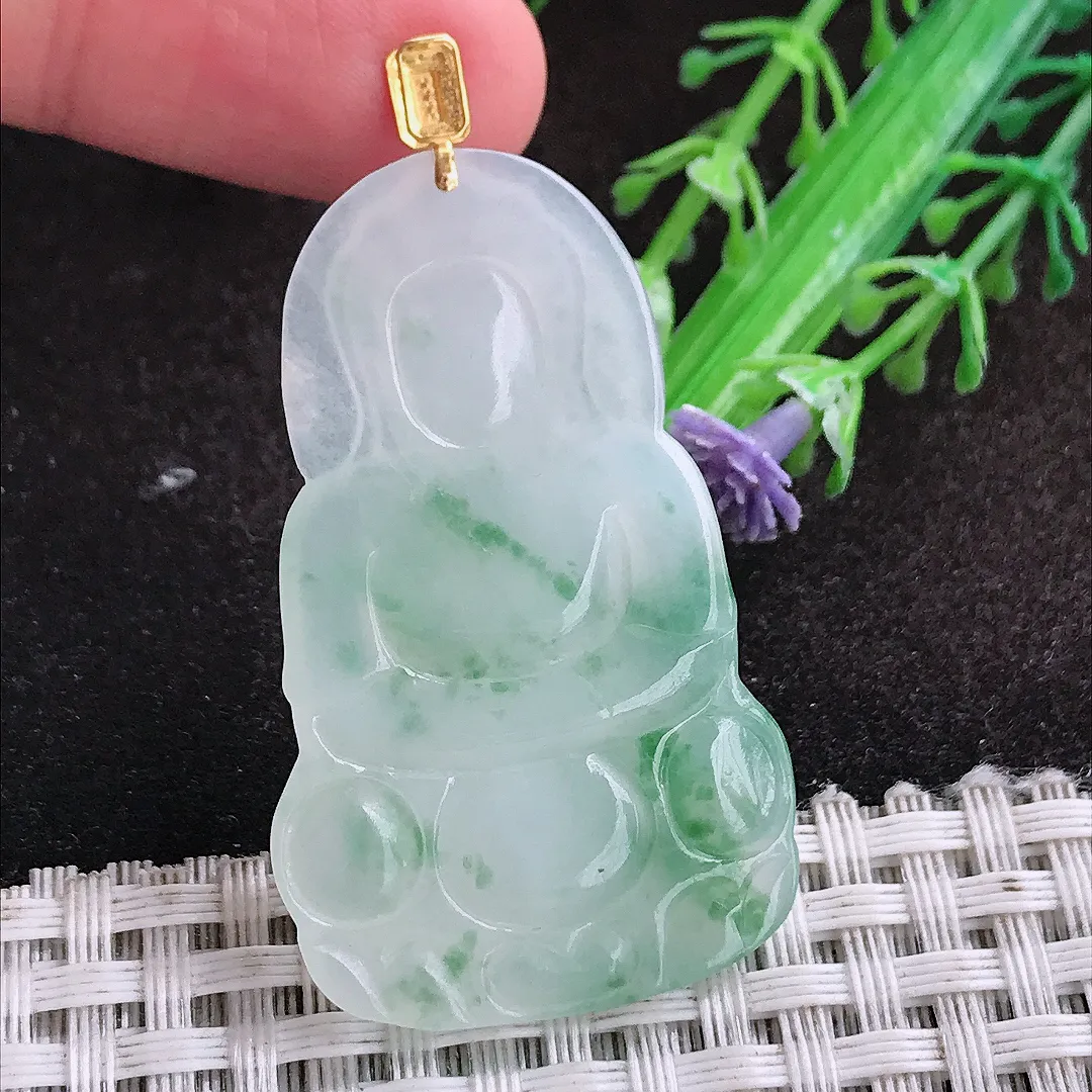 自然光45.2/28/4.3老坑18k金镶嵌冰润飘花观音菩萨挂件翡翠玉坠吊坠百搭