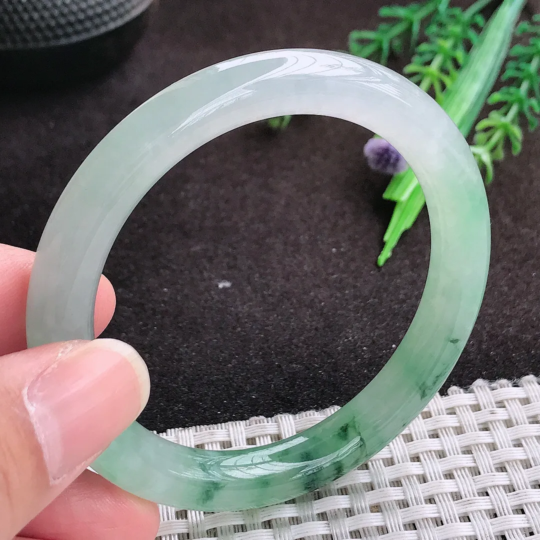 自然光52.5/8.8/8.5老坑冰胶果冻飘花圆条手镯翡翠玉镯手环