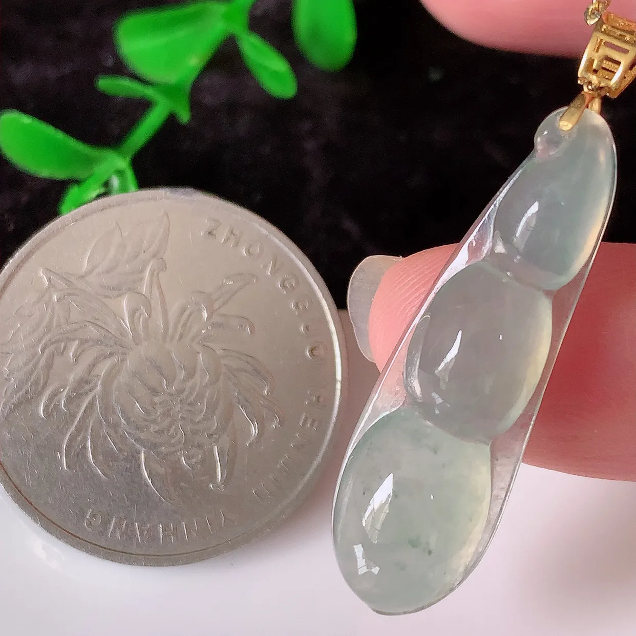 18K金镶嵌冰种翡翠四季豆吊坠，平安豆福豆玉坠，冰润通透，豆粒饱满，寓意：豆蔻年华！#41.22
