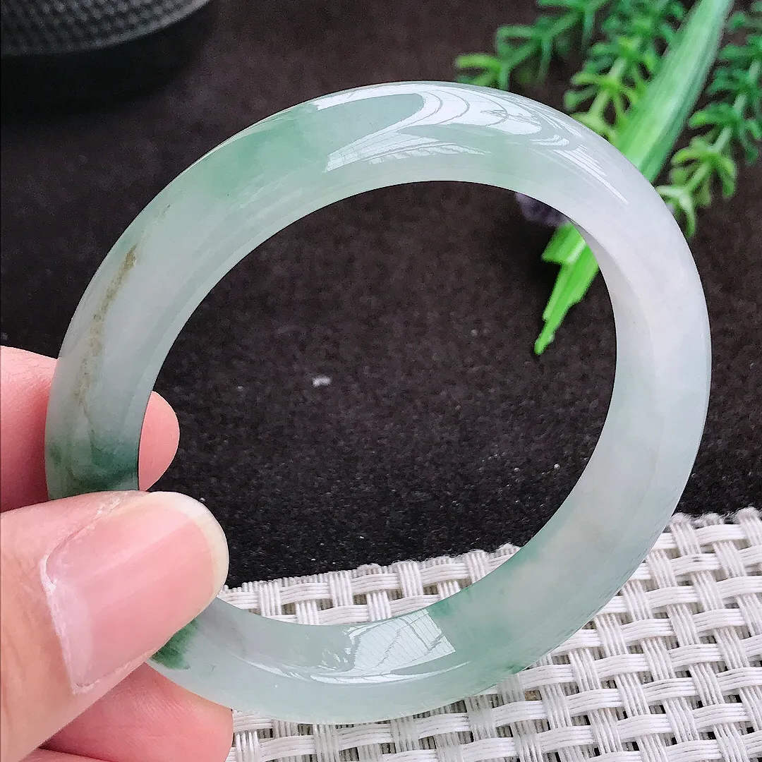 自然光52.5/10.8/8老坑冰胶果冻冰飘花手镯宽边翡翠玉镯手环