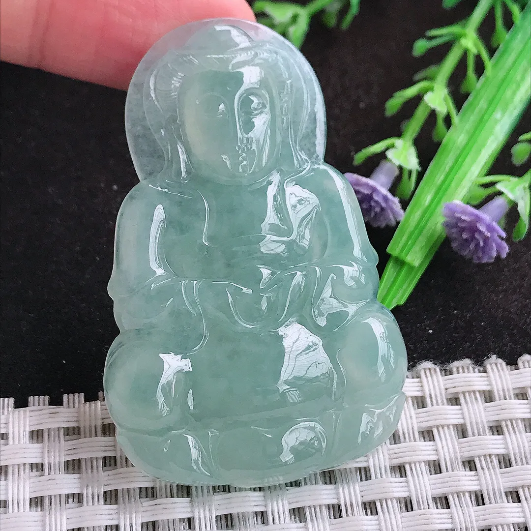 自然光53.8/35/6.2老坑冰胶冰晴天空蓝观音菩萨挂件翡翠玉坠吊坠百搭