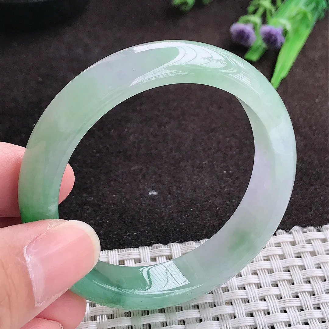 自然光50.5/13/7.4老坑冰胶果冻飘阳绿小圈口手镯宽边翡翠玉镯手环
