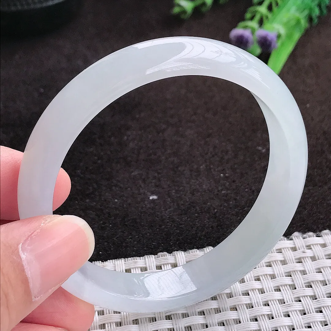 自然光56.5/11.8/6.6老坑冰透起胶冰纯白月光手镯宽边翡翠玉镯手环