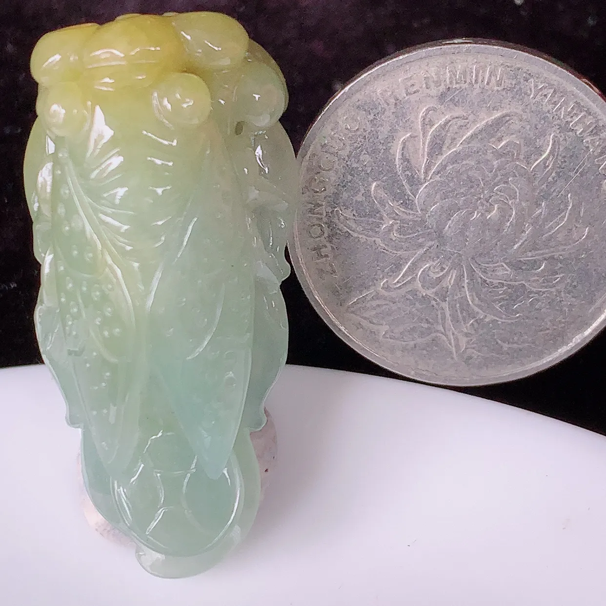 自然光实拍，冰黄翡双彩翡翠一鸣惊人金蝉吊坠，金蝉象征着一鸣惊人，腰缠万贯，事事如意等。俏色巧雕，沁人心脾，水足、惟妙惟俏，形神俱佳！实物满满惊喜～佩戴效果优雅迷人！#81.24