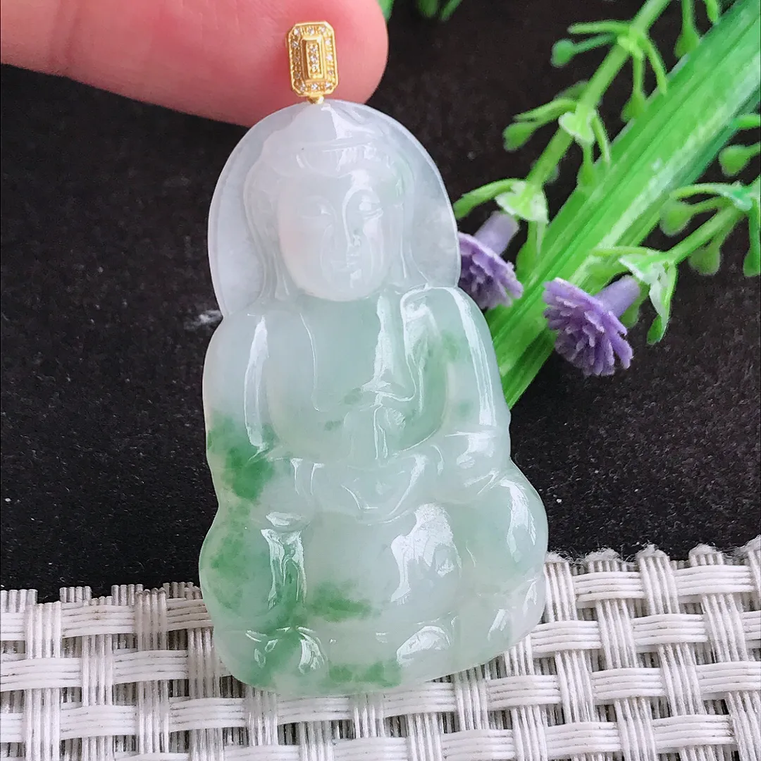 自然光45.2/28/4.3老坑18k金镶嵌冰润飘花观音菩萨挂件翡翠玉坠吊坠百搭