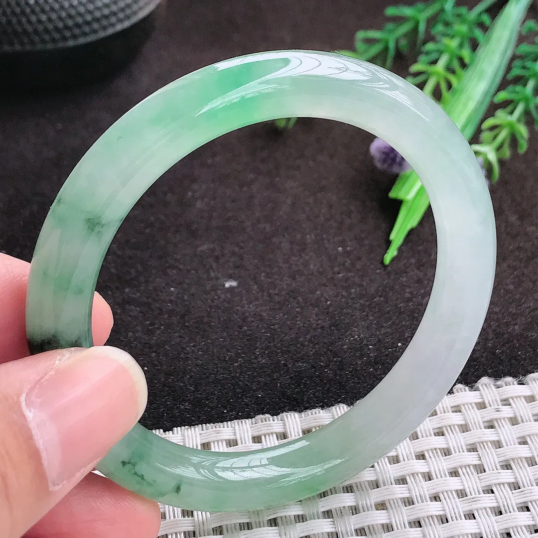 自然光52.5/8.8/8.5老坑冰胶果冻飘花圆条手镯翡翠玉镯手环
