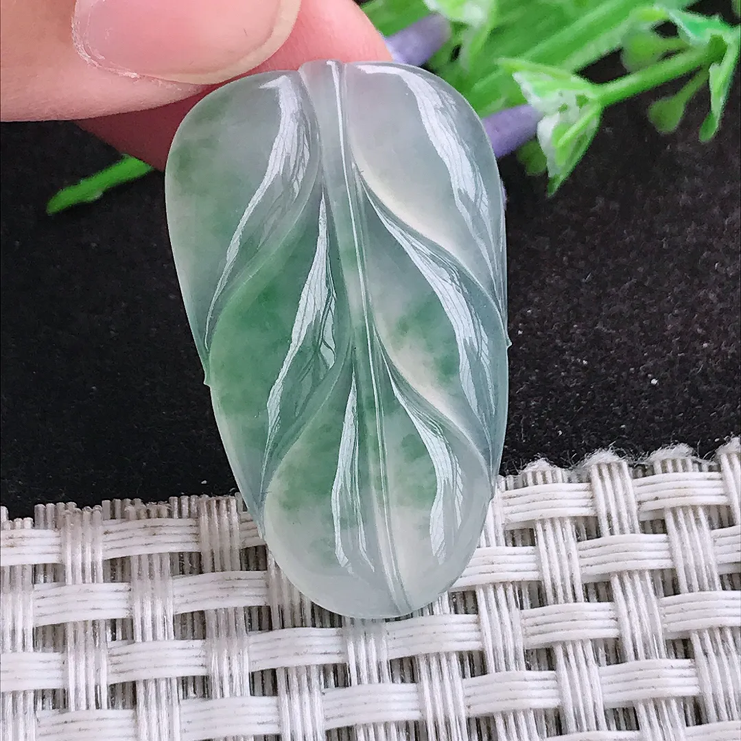自然光33.6/20.3/3.9老坑冰种果冻胶飘花叶子挂件翡翠玉坠吊坠百搭