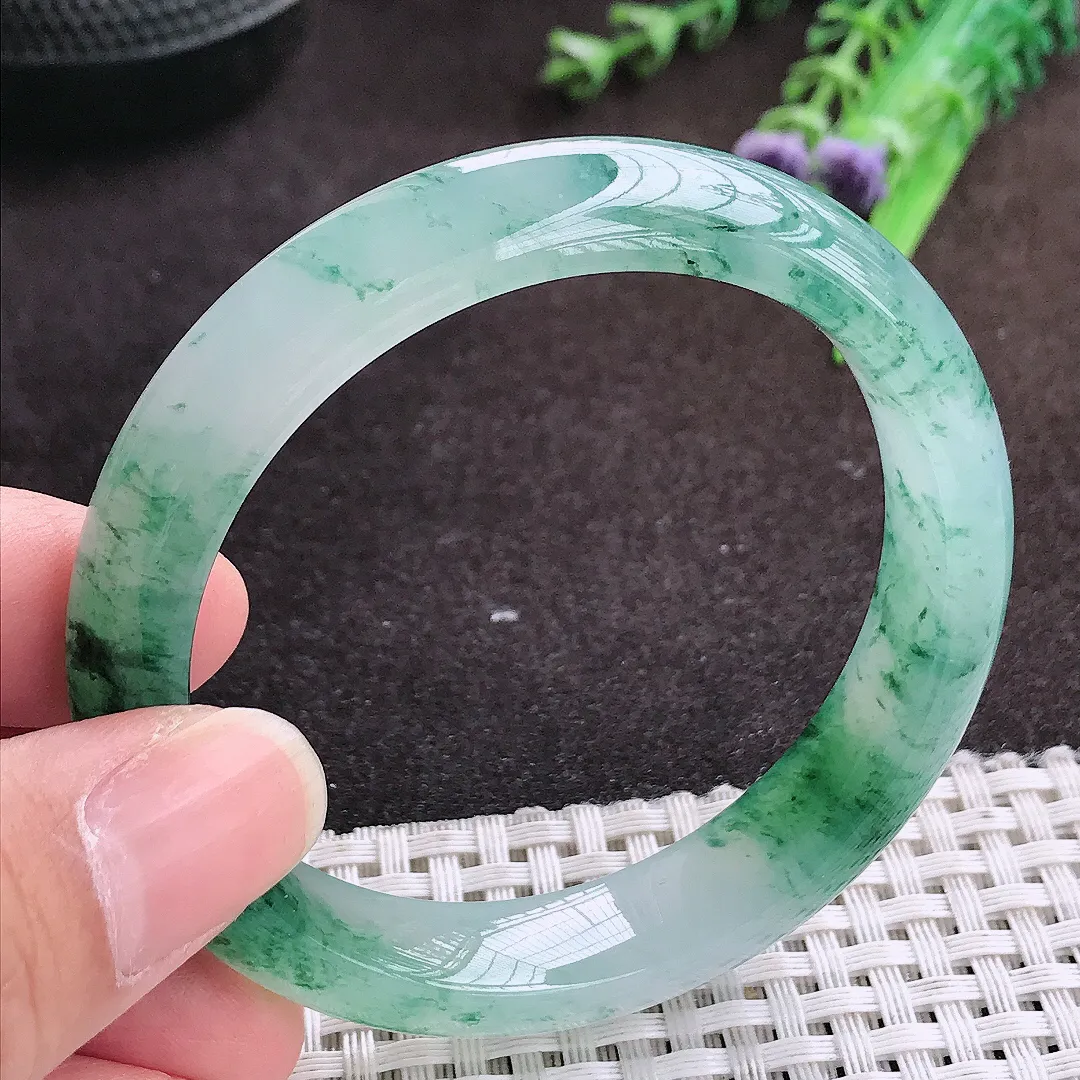 自然光54.2/11.9/7.8老坑冰种果冻胶冰飘花手镯宽边翡翠玉镯手环