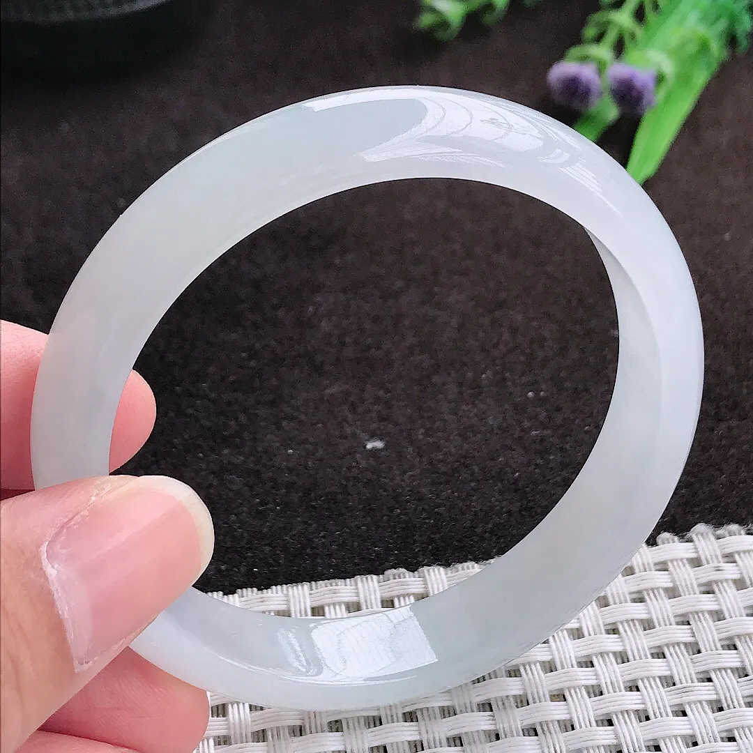 自然光56.5/11.8/6.6老坑冰透起胶冰纯白月光手镯宽边翡翠玉镯手环