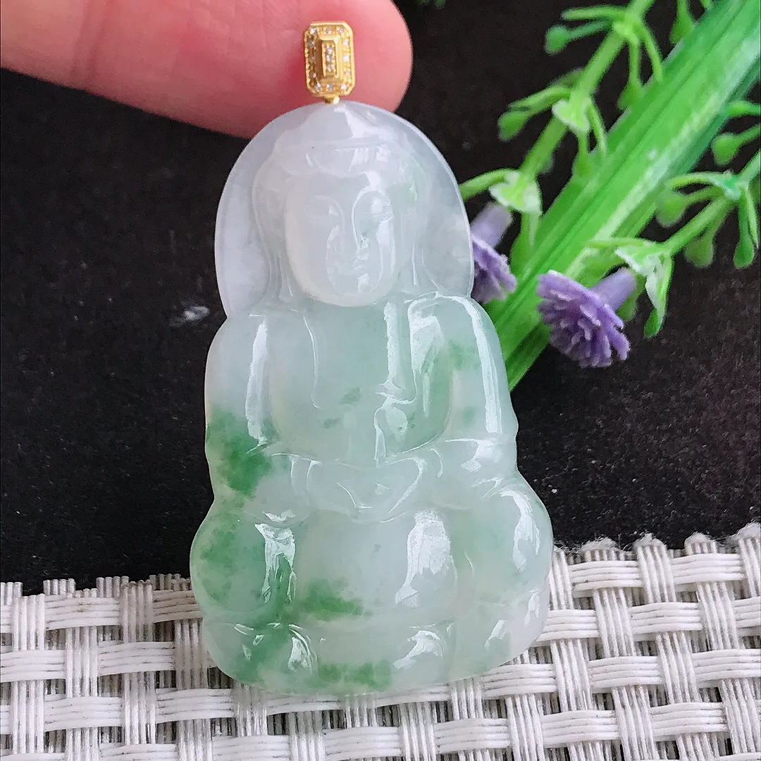 自然光45.2/28/4.3老坑18k金镶嵌冰润飘花观音菩萨挂件翡翠玉坠吊坠百搭