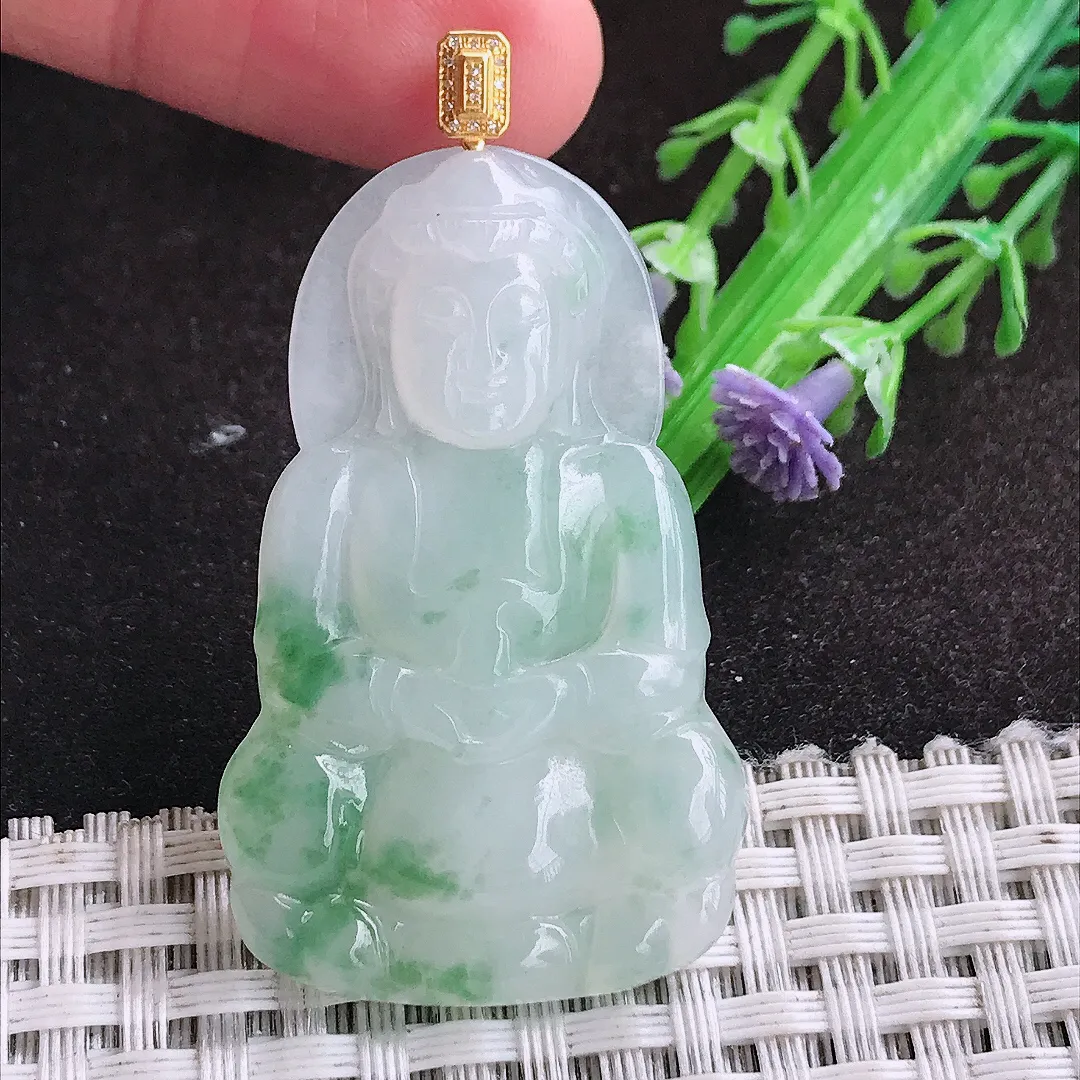 自然光45.2/28/4.3老坑18k金镶嵌冰润飘花观音菩萨挂件翡翠玉坠吊坠百搭