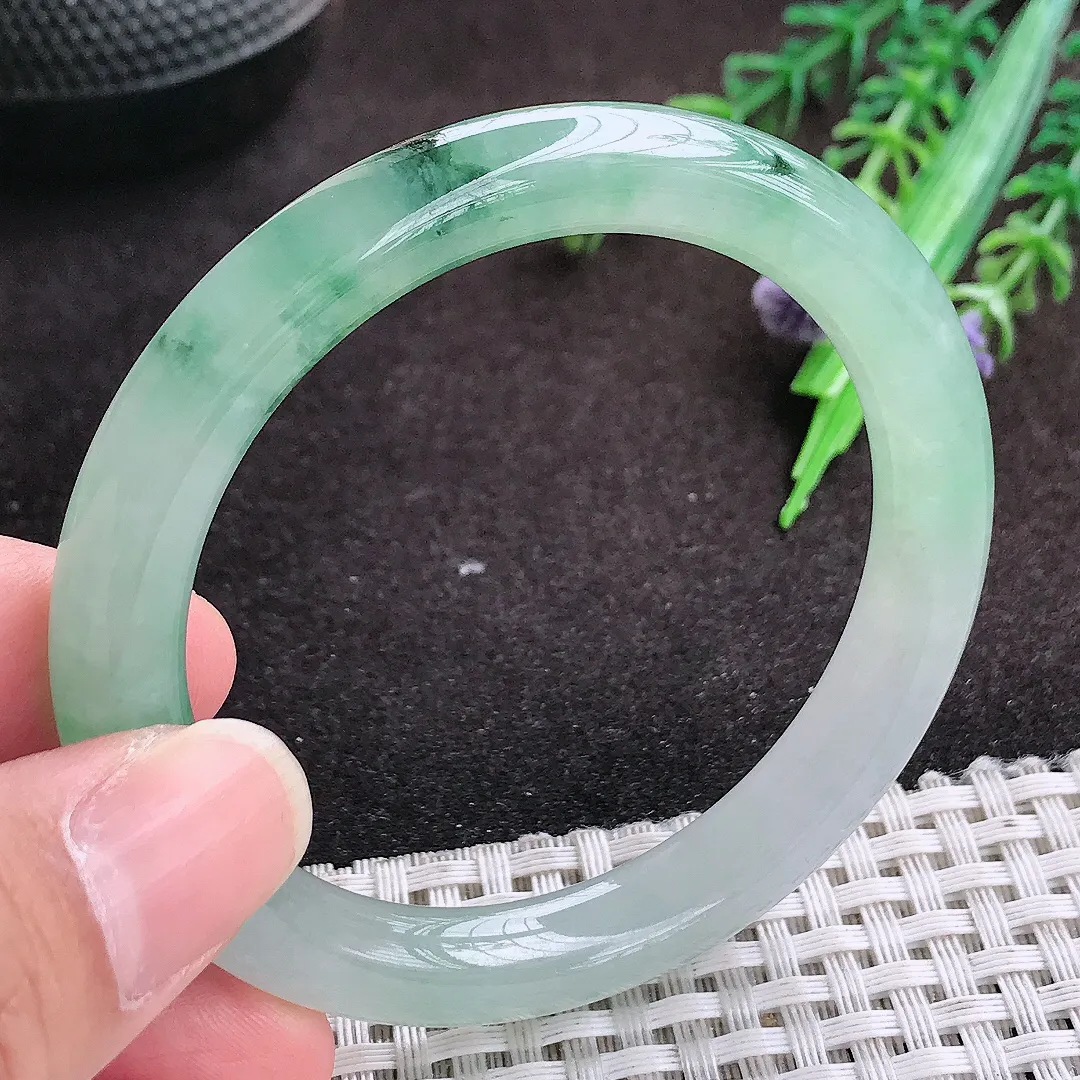 自然光52.5/8.8/8.5老坑冰胶果冻飘花圆条手镯翡翠玉镯手环