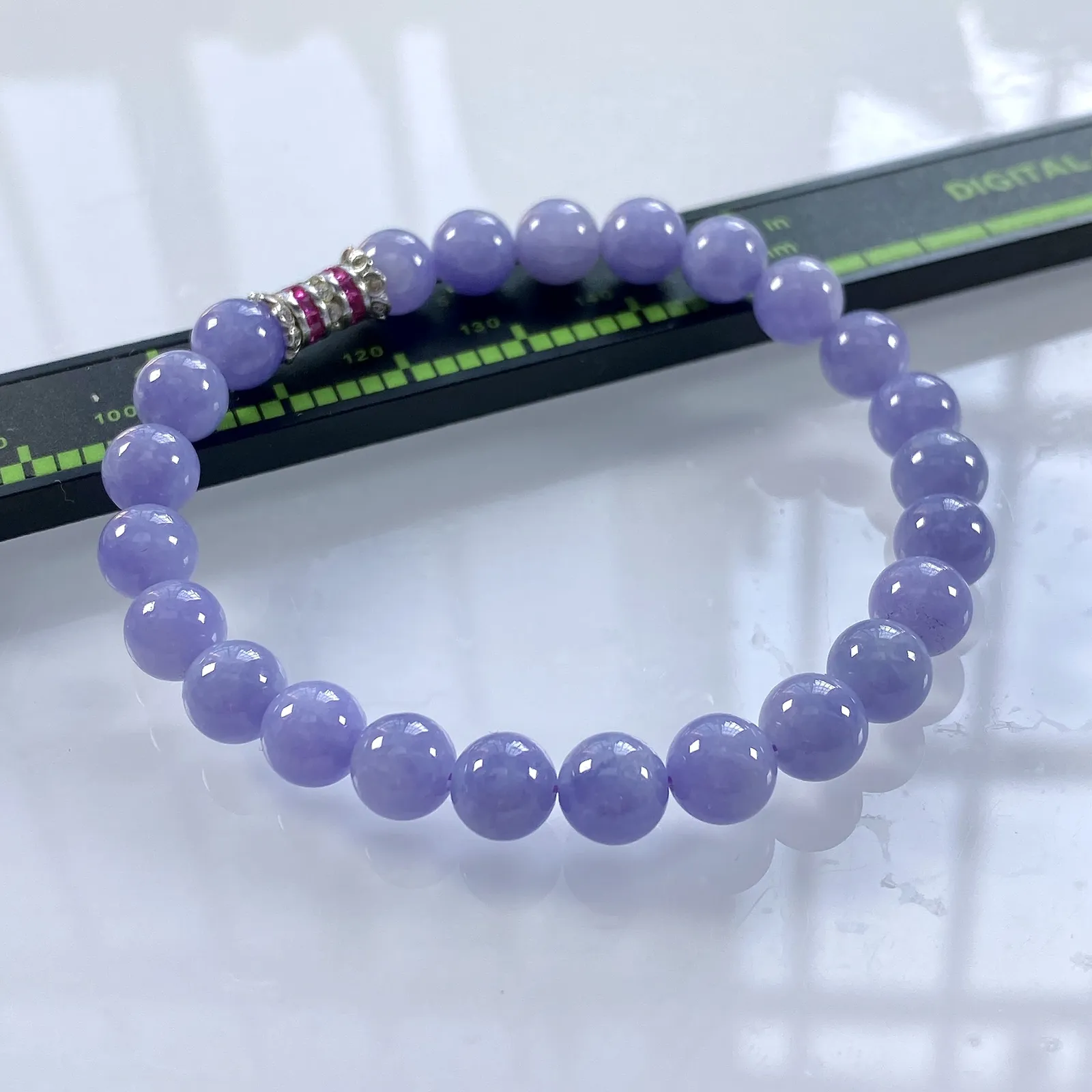 缅甸天然翡翠A货，卡7冰润紫罗兰浓紫圆珠手串手链，尺寸：7mm/24颗，长度175mm，重量：15.