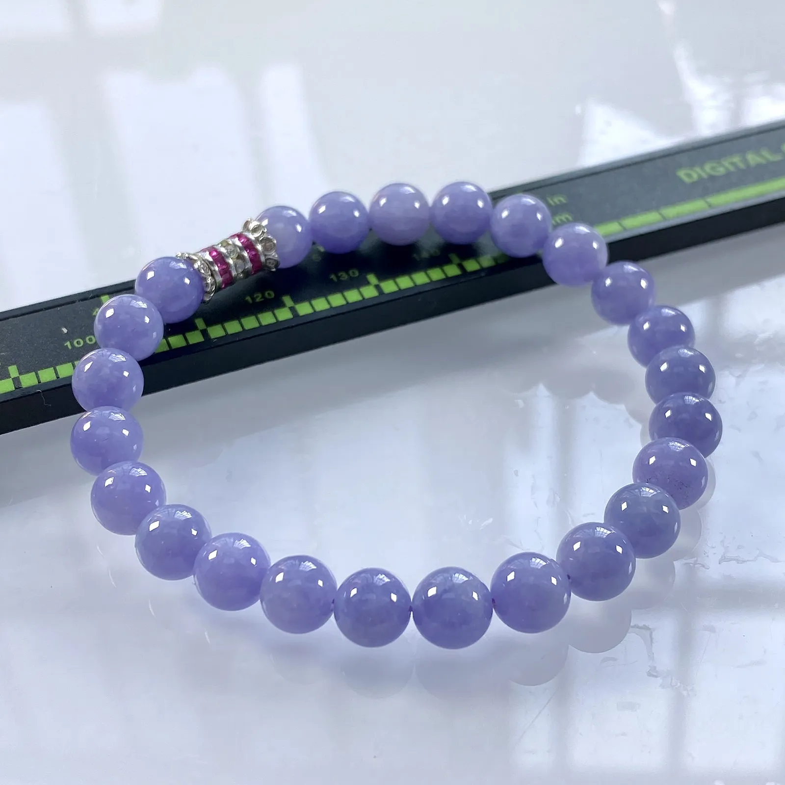 缅甸天然翡翠A货，卡7冰润紫罗兰浓紫圆珠手串手链，尺寸：7mm/24颗，长度175mm，重量：15.