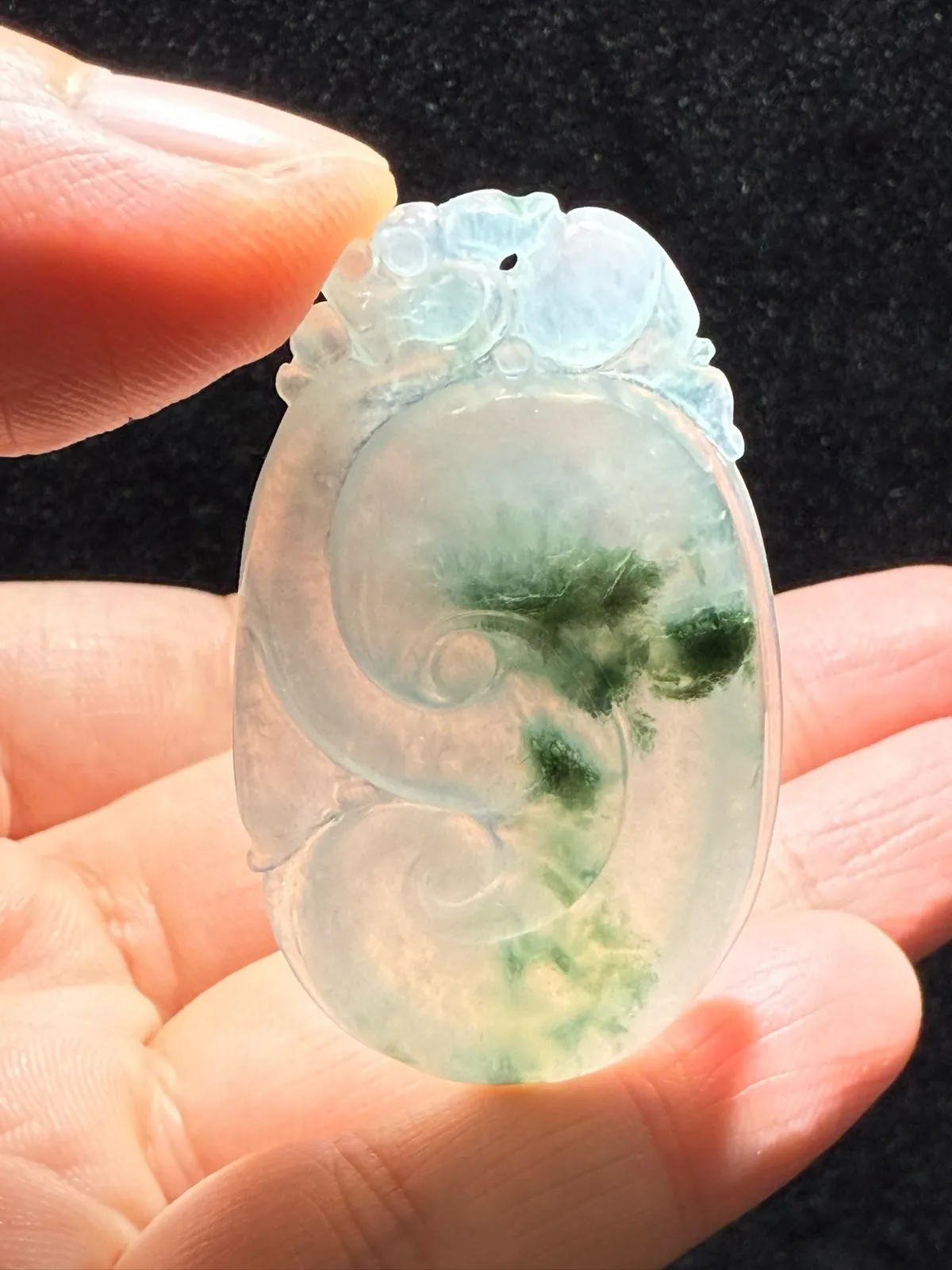 天然A货翡翠-冰糯种飘花全胶感招财如意玉坠，尺寸49-28.3-5.5，重量14.8g