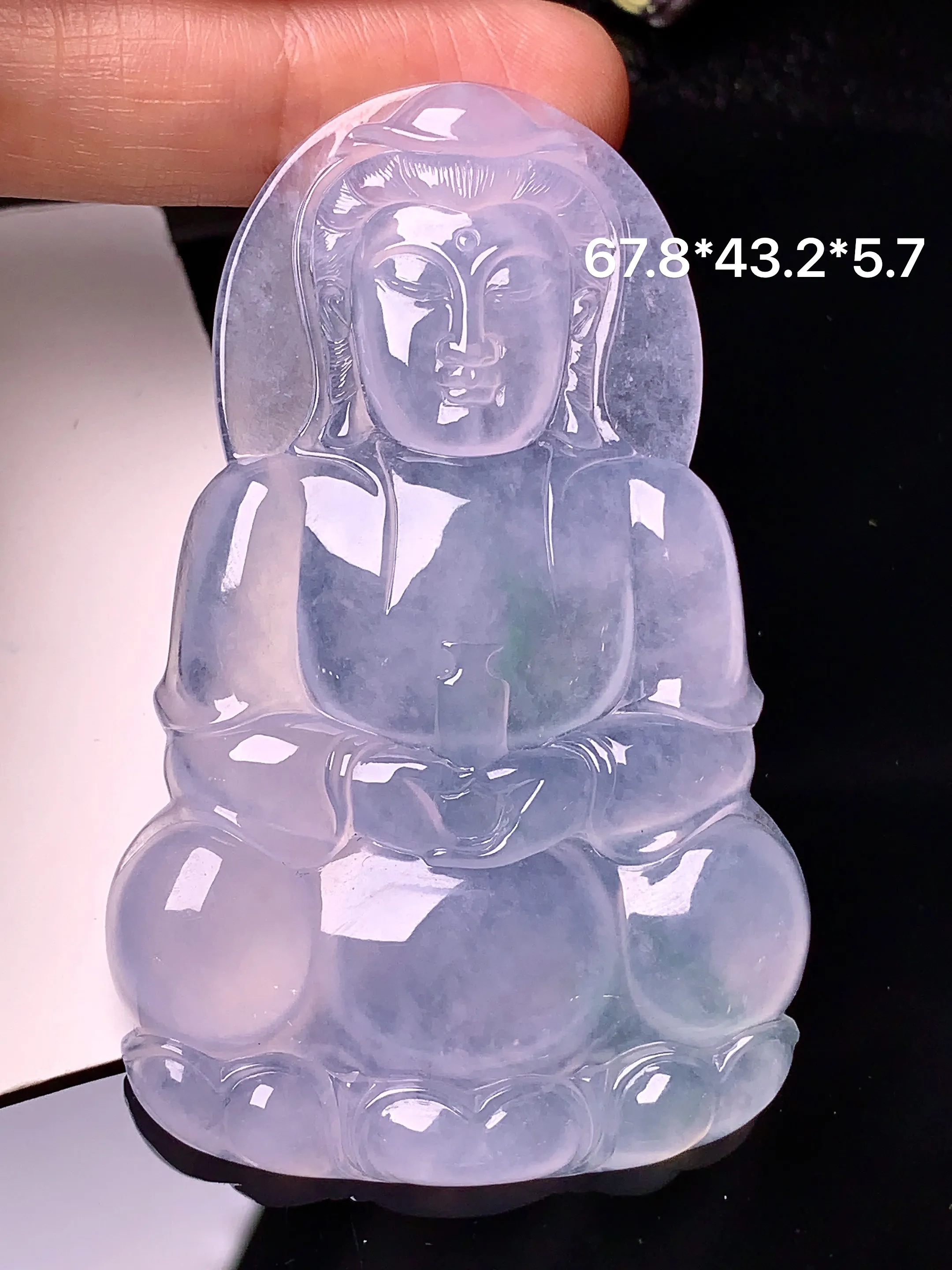 冰种观音菩萨吊坠 玉质细腻 色泽艳丽清新 整体尺寸67.8*43.2*5.7