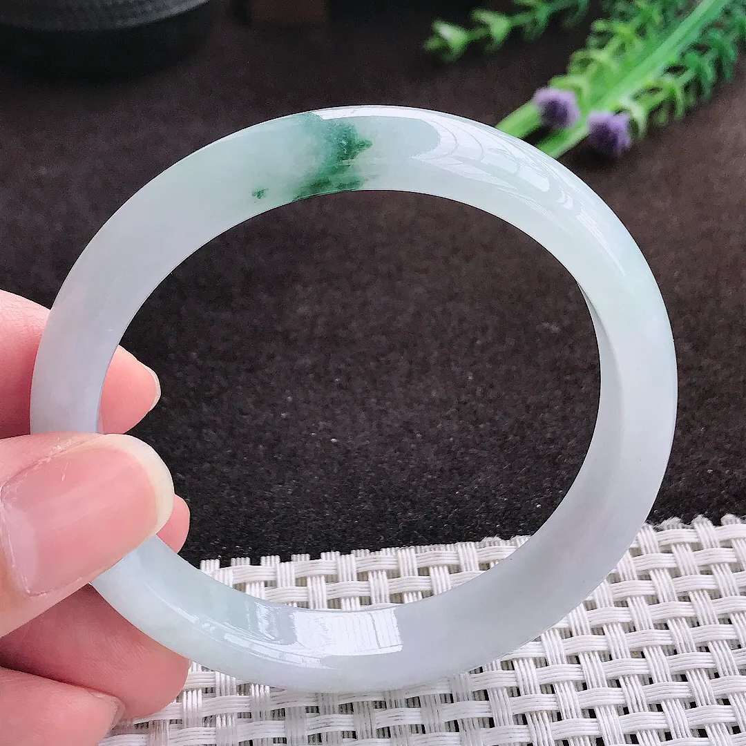 自然光58.8/11.2/7.3老坑冰透起胶飘花手镯宽边翡翠玉镯手环