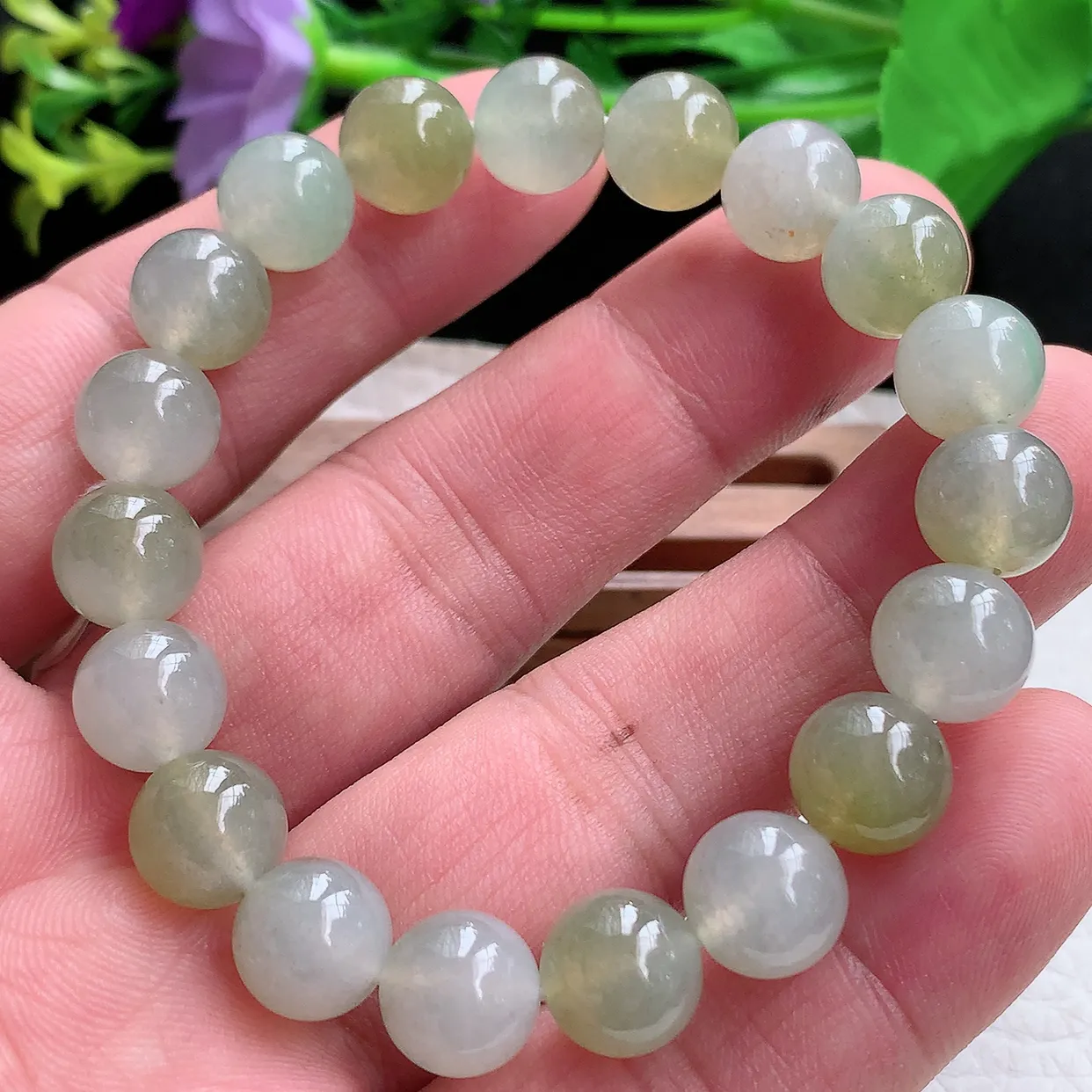 ss自然光9.8mm天然缅甸翡翠冰双彩9.8mm圆珠玉手链 玉手串
