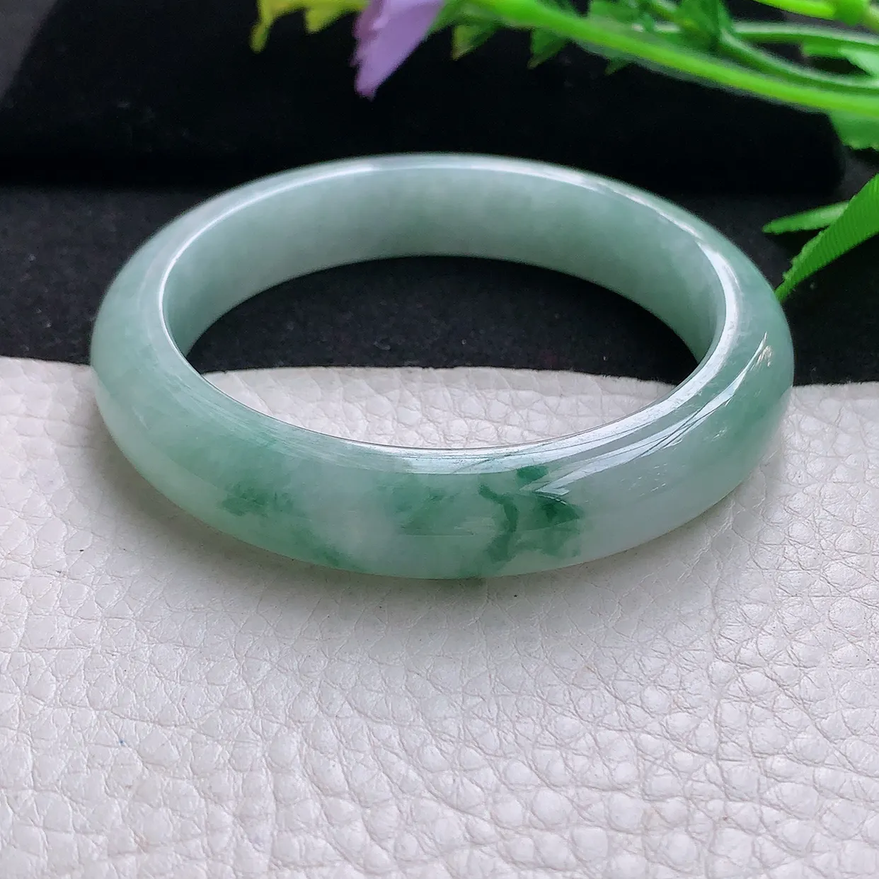 hy自然光57.5*12*8.2平安镯 天然缅甸翡翠飘花宽边珠宝玉手镯 玉手环