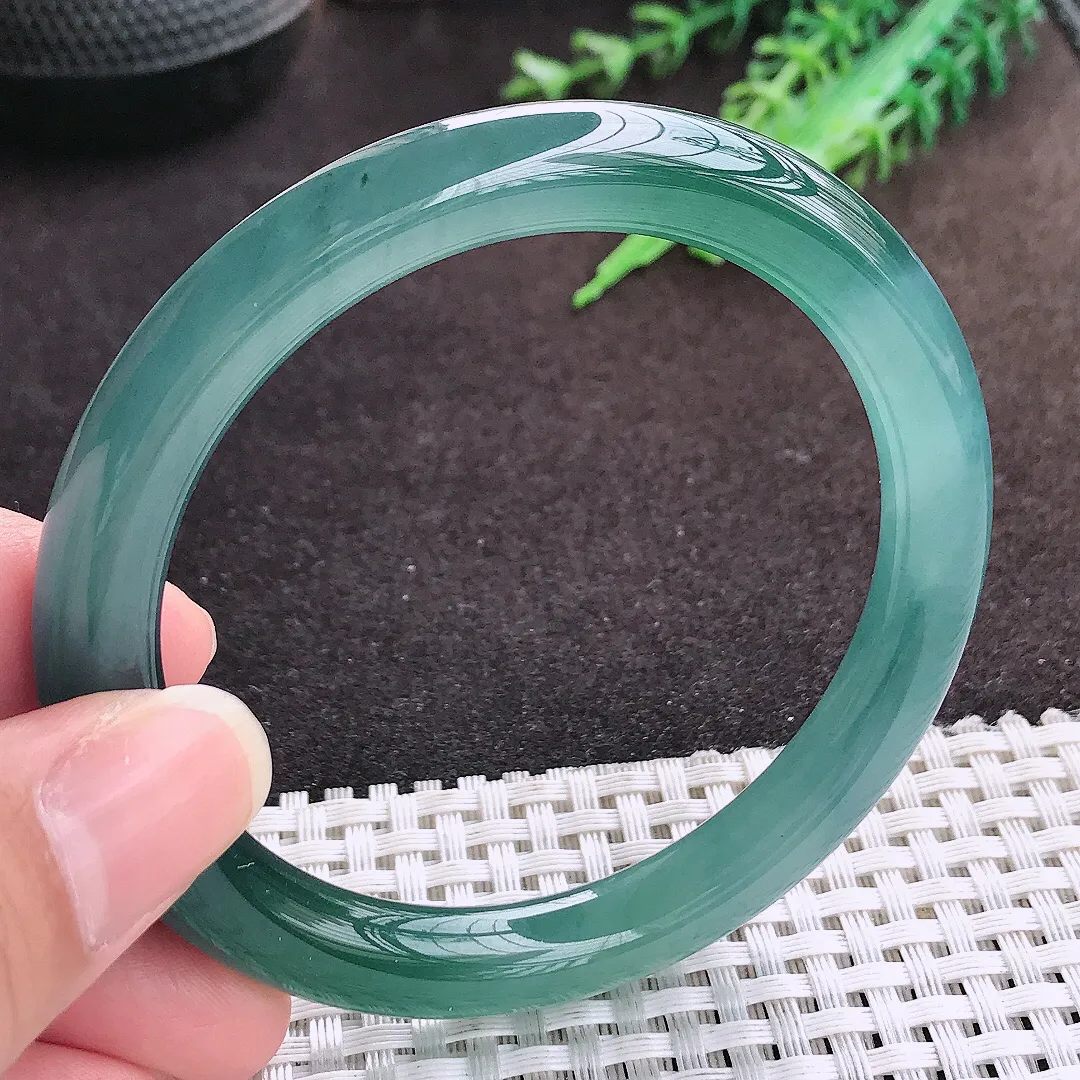 自然光57/9老坑冰透果冻胶满色蓝韵圆条手镯翡翠玉镯手环