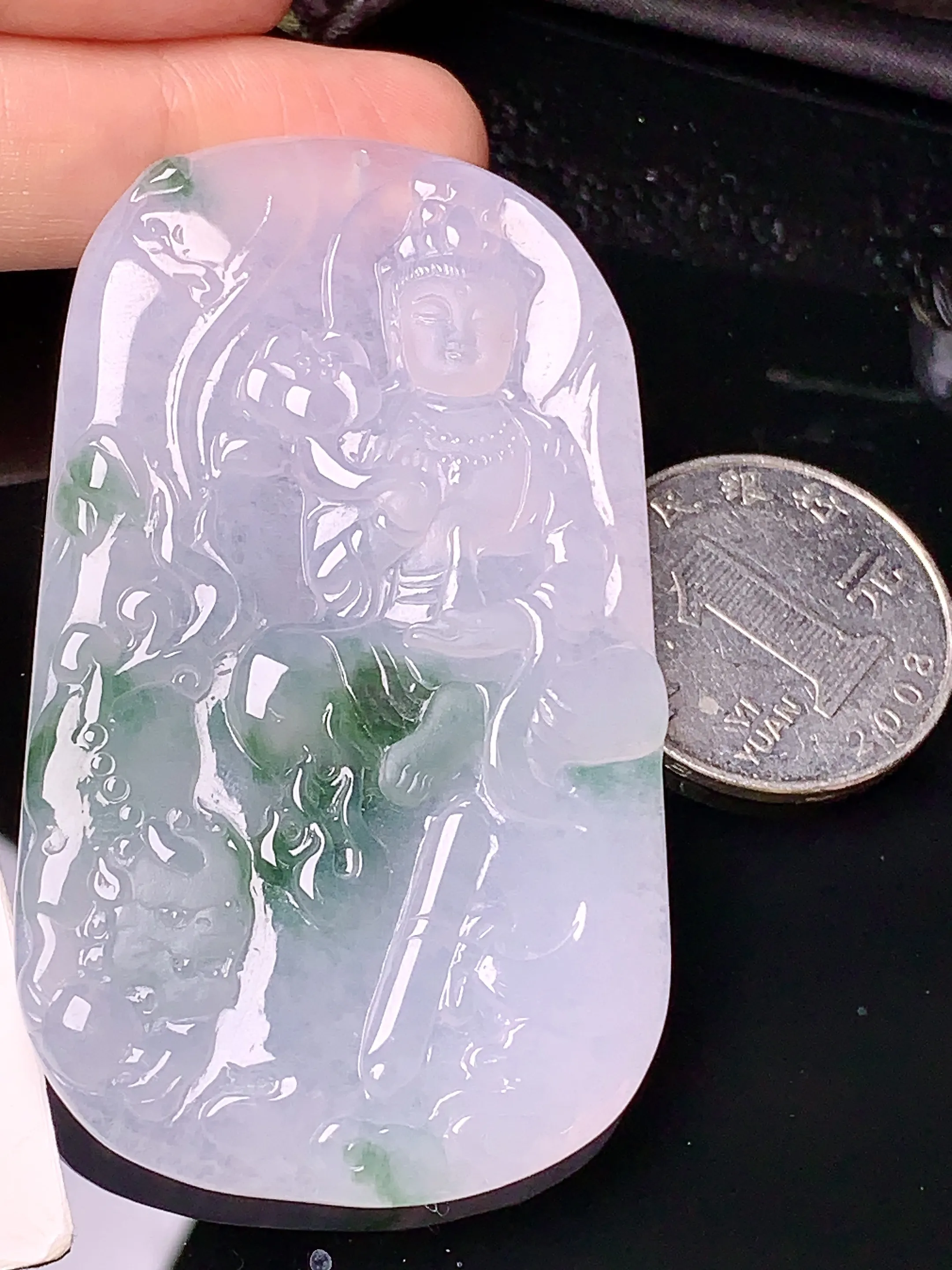冰种飘绿文殊观音菩萨吊坠 玉质细腻 水润亮眼 色泽艳丽 整体尺寸65.2*38*5.2