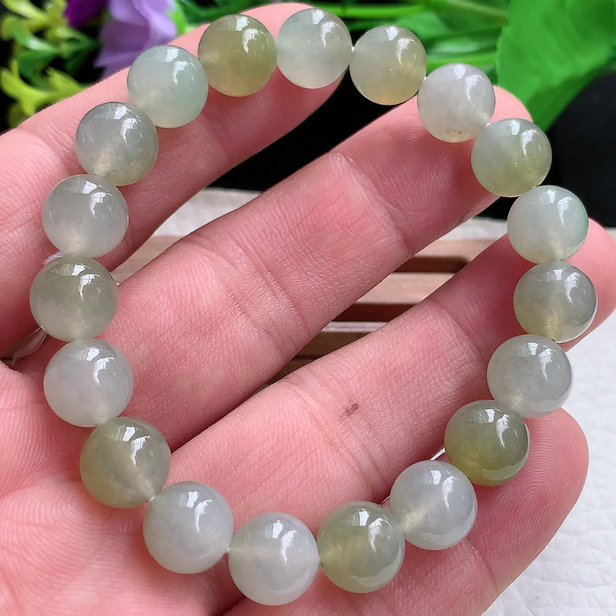 ss自然光9.8mm天然缅甸翡翠冰双彩9.8mm圆珠玉手链 玉手串