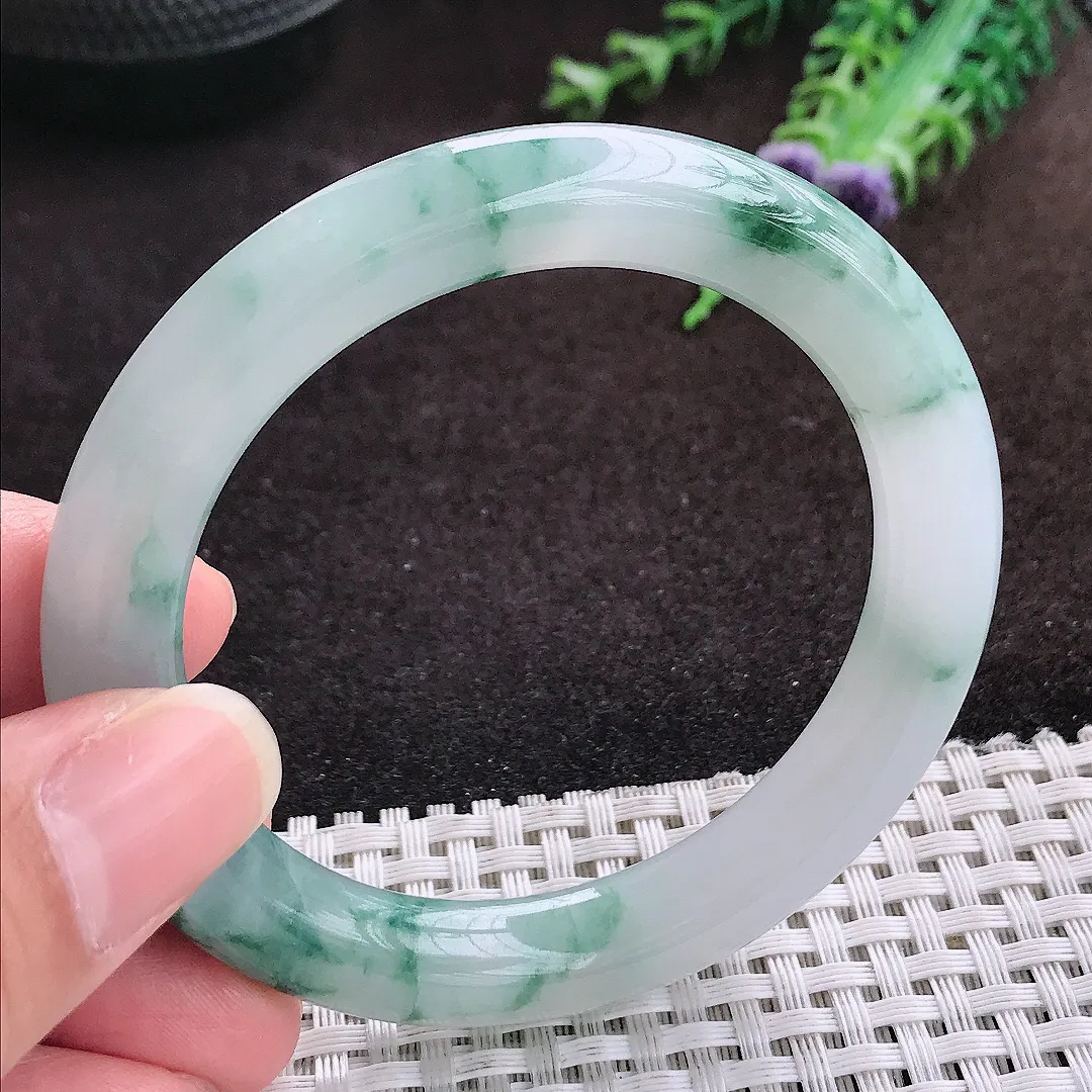 自然光53/9.6老坑冰胶果冻冰飘花圆条手镯翡翠玉镯手环