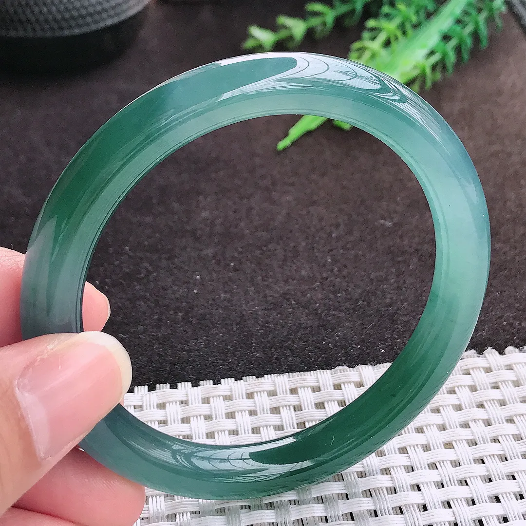 自然光57/9老坑冰透果冻胶满色蓝韵圆条手镯翡翠玉镯手环