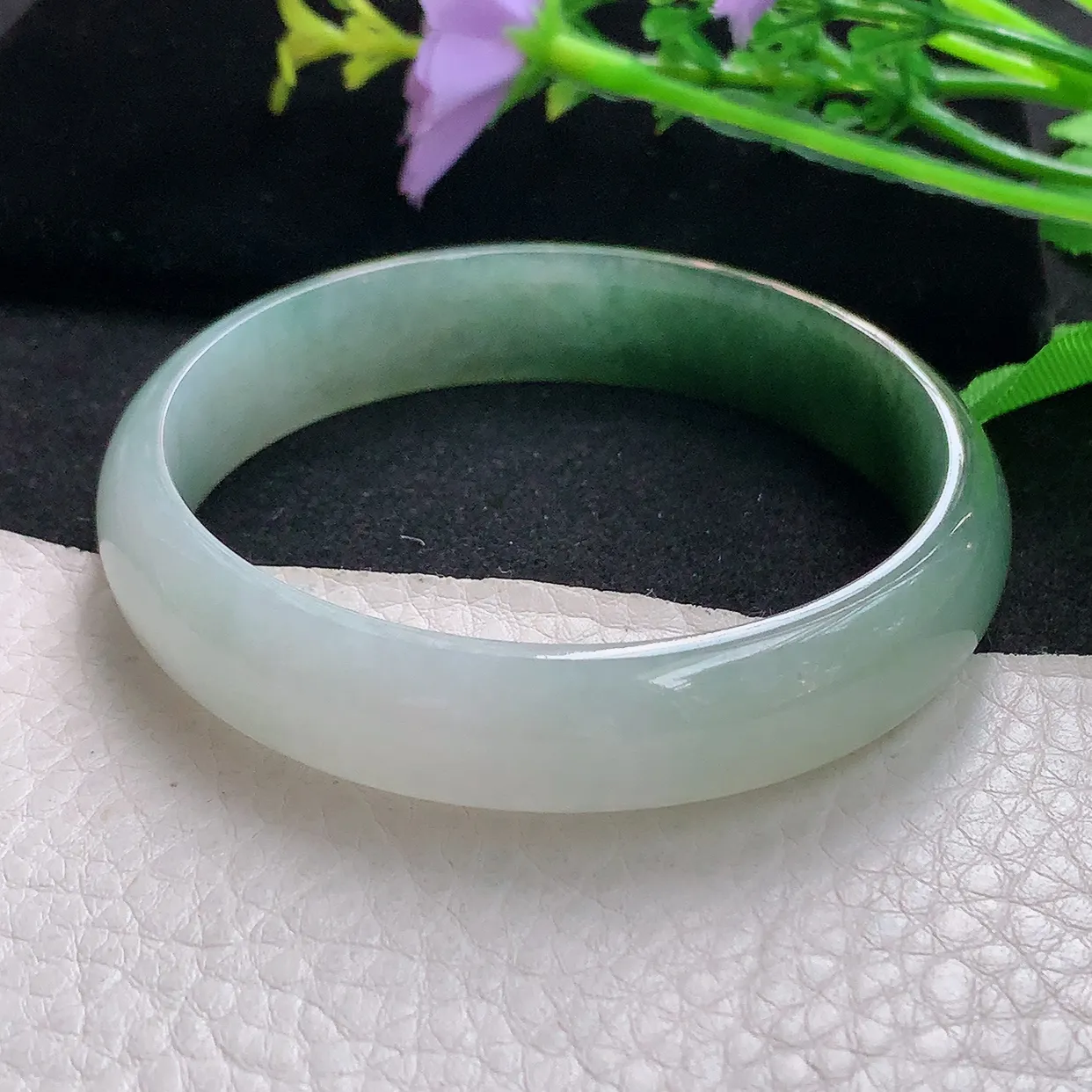 js自然光58.5*13*6.5平安镯 天然缅甸翡翠半山水正圈珠宝玉手镯